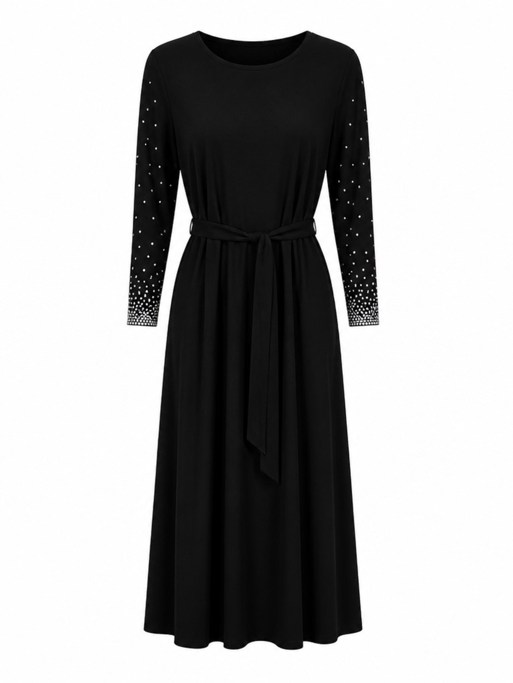 Chaus Black Long-Sleeve Midi Dress with Tie Belt and Sleeve Embellishments XL